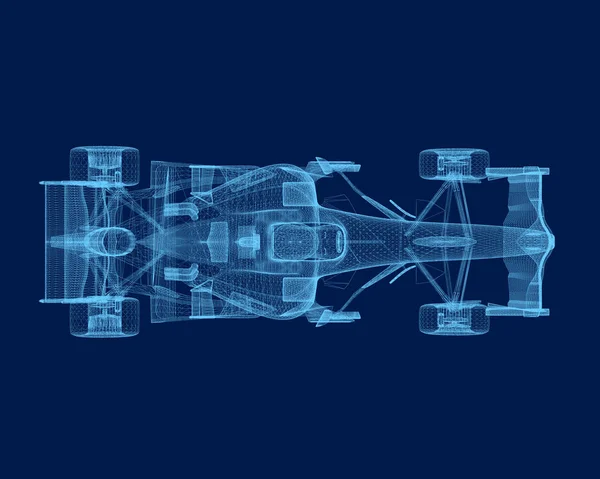 暗い背景上の青い線のワイヤー フレームのレーシングカー。上からの眺め。多角形のレーシングカー。3 d. ベクトル イラスト — ストックベクタ