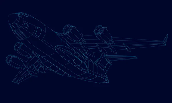 Obrys letadla modré čáry na tmavém pozadí. Pohled zdola. 3D. vektorové ilustrace — Stockový vektor