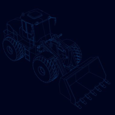 Buldozer kontur. İzometrik görünümü. Mavi çizgiler buldozer karanlık bir arka plan üzerinde. 3D. vektör çizim