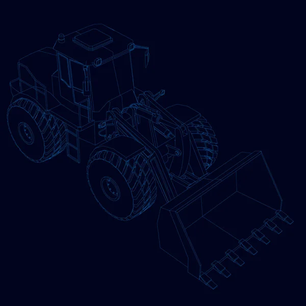 Buldozer kontur. İzometrik görünümü. Mavi çizgiler buldozer karanlık bir arka plan üzerinde. 3D. vektör çizim — Stok Vektör