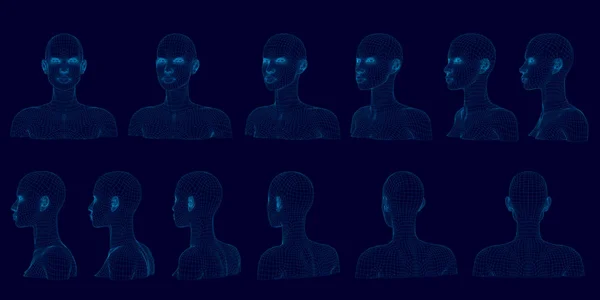 Set with bust of girl in different positions. Wireframe of head of polygonal girl of blue lines on a dark background. Sequence of rotation of bust of girl. 3D. Vector illustration — Stock Vector