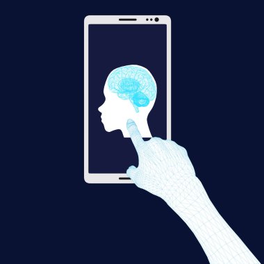 Bir telefon ve belgili tanımlık perde ile akıllı bir insan kafası işaret eden bir çokgen el ile arka plan. Vektör çizim