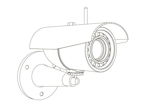 Konturen av en övervakningskamera. CCTV-ikonen från svarta linjer på vit bakgrund. Isometrisk vy. Vektorillustration — Stock vektor
