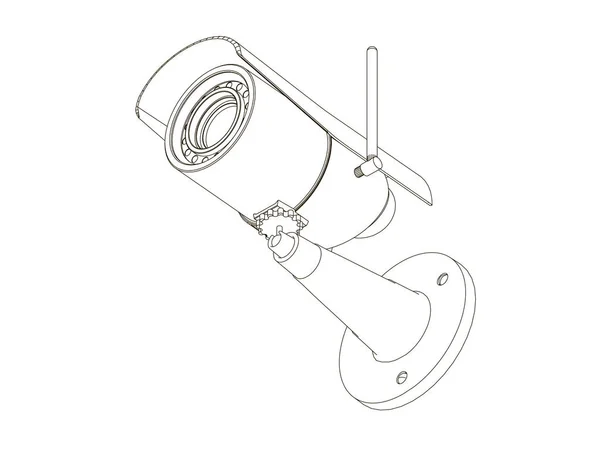 Il contorno della telecamera di sorveglianza. Icona CCTV da linee nere su sfondo bianco. Vista dal basso. Illustrazione vettoriale — Vettoriale Stock