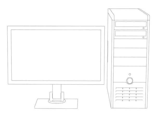 Contorno de la computadora. Esquema de la unidad del sistema y el monitor. Vista frontal. Ilustración vectorial — Vector de stock