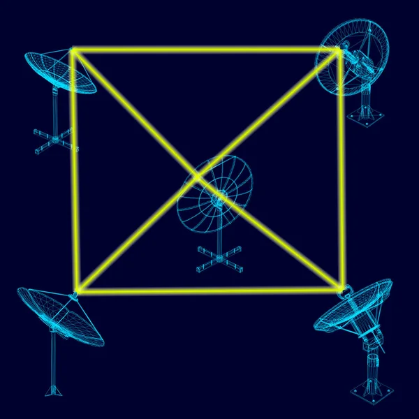 Contexte avec antennes paraboliques transmettant des signaux entre elles. antennes paraboliques filaires. Illustration vectorielle — Image vectorielle