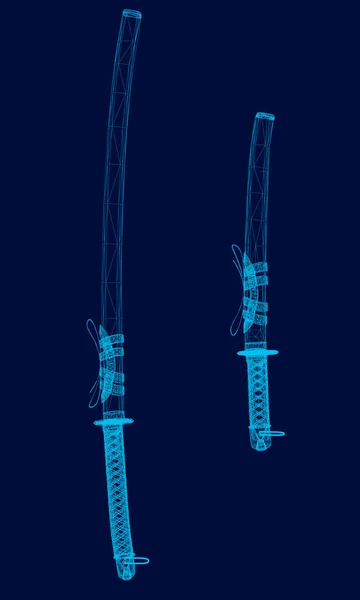 Samurai-Schwerter. Drahtrahmen der Samurai-Schwerter aus blauen Linien auf dunklem Hintergrund. Vektorillustration — Stockvektor