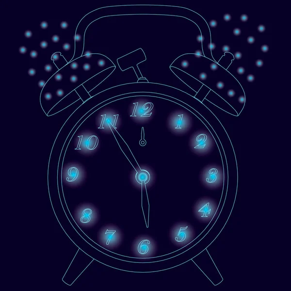 Contour de la vieille horloge avec un réveil. Contour de l'horloge des lignes bleues sur fond sombre avec des lumières incandescentes. Illustration vectorielle — Image vectorielle