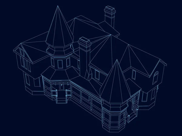 Wireframe av byggnaden av de blå linjerna på en mörk bakgrund. Konturen av dödsboet. 3D. vektor illustration — Stock vektor