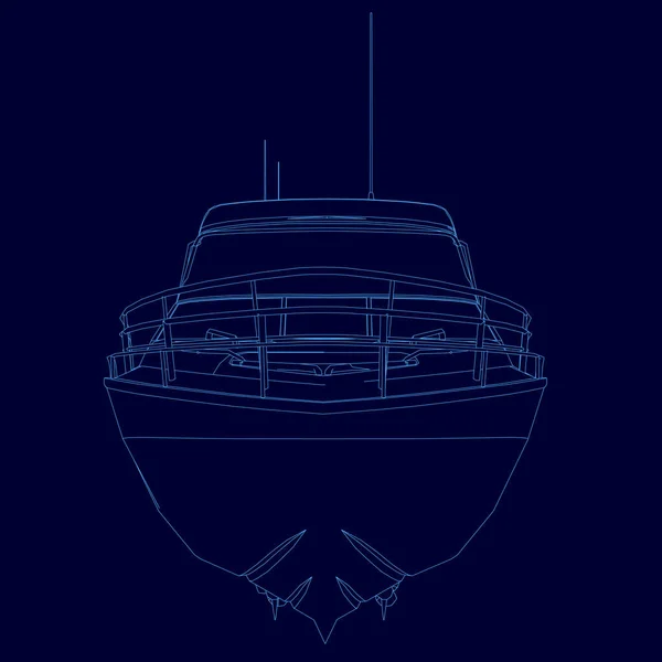 Contour motorboat. Wireframe sports boat of blue lines on a dark background. Front view. Vector illustration — Stock Vector