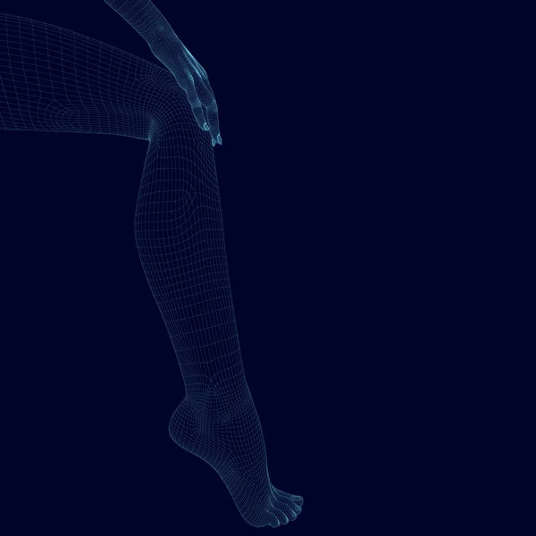 Enmarcar las piernas femeninas y las manos de líneas azules sobre un fondo oscuro. La mano poligonal de la chica está en su pie. 3D. Ilustración vectorial — Vector de stock