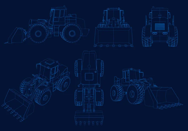 Conjunto de wireframes con bulldozers de líneas azules sobre fondo oscuro. Bulldozers desde diferentes ángulos. 3D. Ilustración vectorial — Archivo Imágenes Vectoriales