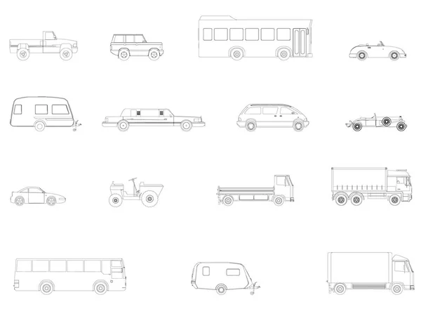 Set mit Umrissen von Autos. Busse, Autos, Limousinen, Lastwagen. Seitenansicht. Vektorillustration — Stockvektor