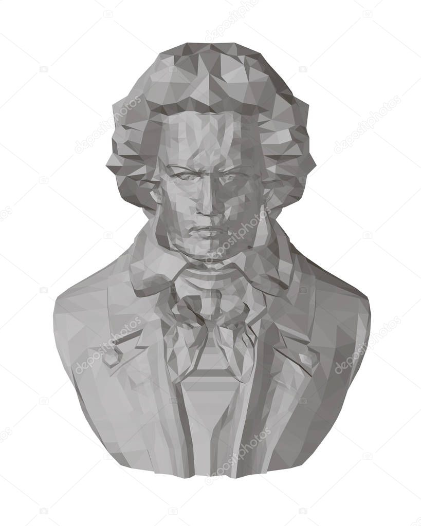 Bust of Beethoven. Polygonal bust of Beethoven 3D. Front view. Beethoven sculpture. Vector illustration