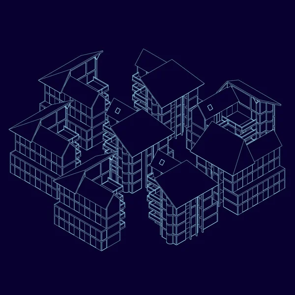 Wireframe av husen står i närheten. ISO metrisk vy. Distrikt hem. 3D. vektor illustration — Stock vektor