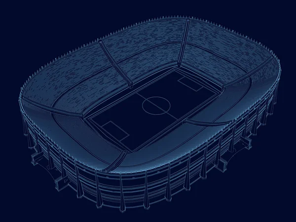 Wireframe dello stadio. Vista isometrica. Stadio di linee blu su sfondo scuro. 3D. Illustrazione vettoriale — Vettoriale Stock