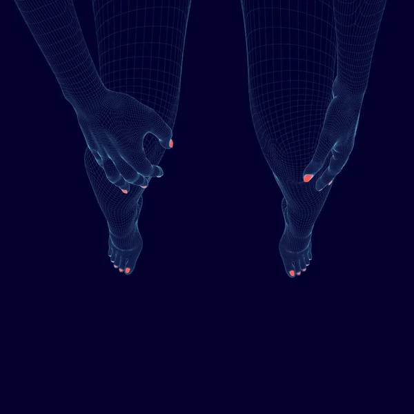 Pernas poligonais e mãos de uma menina. Wireframe pernas de uma menina em um fundo escuro. 3D. Ilustração vetorial —  Vetores de Stock