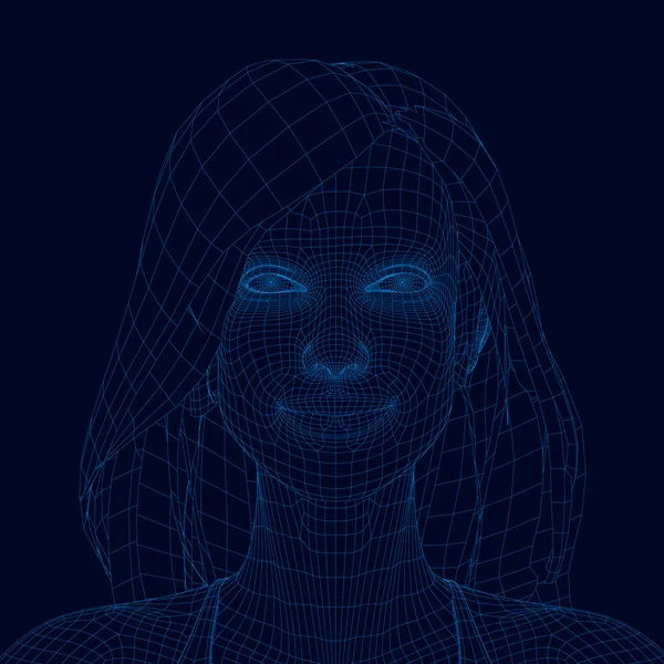 Πολυγωνικό πορτρέτο ενός κοριτσιού με μακριά μαλλιά. Το κορίτσι είναι φτιαγμένο από μπλε γραμμές σε σκοτεινό φόντο. 3D. απεικόνιση διανυσματικών φορέων — Διανυσματικό Αρχείο