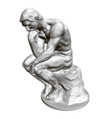 Heykel Thinker. 3D. oturan bir adamın heykeli yüzüne elini eğiyor. Vektör Illustration