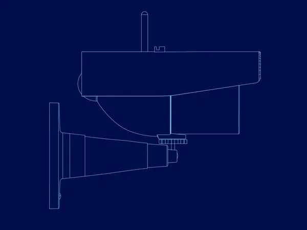 Quadro da câmara wireframe. Vista lateral. Contorno da câmera de vigilância das linhas azuis em um fundo escuro. Ilustração vetorial — Vetor de Stock