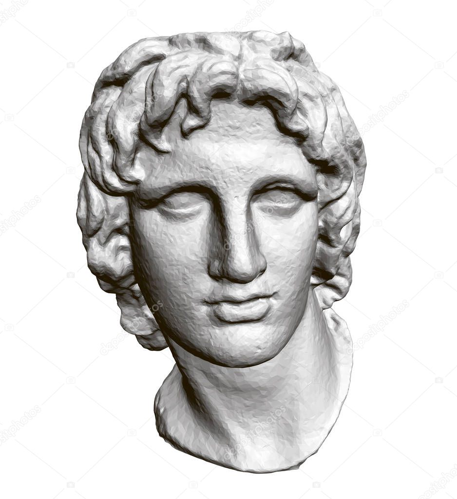 Sculpture of the head of Alexander of Macedon. 3D. Polygonal sculpture head. Vector illustration