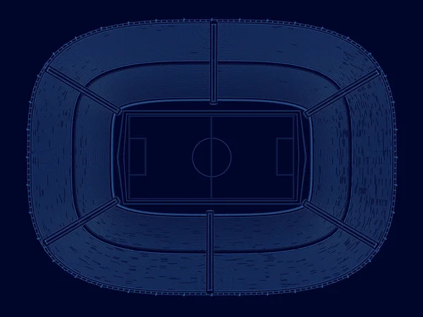 Contorno do estádio de futebol de linhas azuis em um fundo escuro. Vista de cima. Ilustração vetorial —  Vetores de Stock