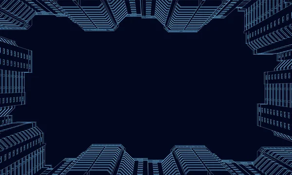 Wireframe of polygonal high-rise buildings of blue lines on a dark background. Bottom view. 3D. Vector illustration — Stok Vektör