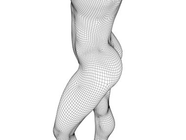 Çokgen tel kafes kızı. Yan görünüm. Çıplak ince kız. 3d. Vektör illustratio