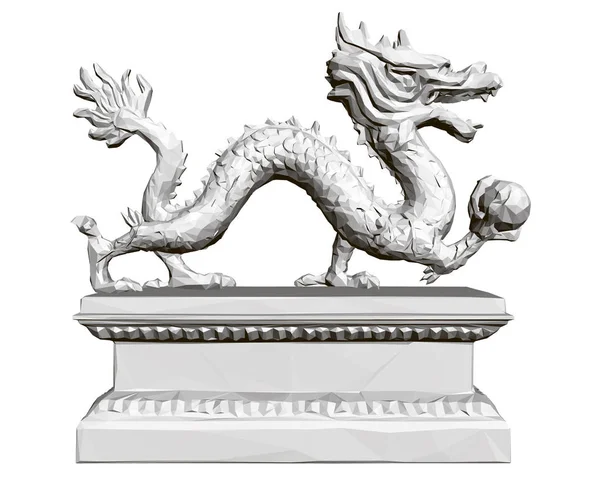Фигура многоугольного дракона на подставке, держащего шар в лапе. 3D. Векторная иллюстрация — стоковый вектор