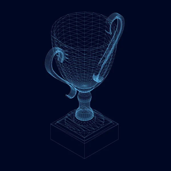 Wireframe of the polygonal goblet of blue lines on a dark background. Isometric winner cup. 3D. Vector illustration — Stock Vector