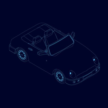 Koyu bir arka plan üzerinde mavi çizgiler araba cabriolet kontur. İzometrik görünüm. Vektör çizimi