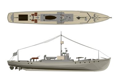 Model savaş gemisi. Yan görünüm ve üst. 3d.