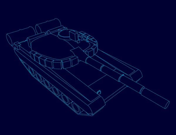Contorno del tanque de batalla de líneas azules sobre un fondo oscuro. Vista isométrica. Ilustración vectorial — Vector de stock