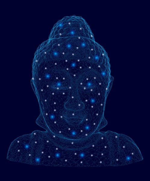 Wireframe del busto di Buddha. Testa poligonale del Buddha da linee blu con luci luminose. Illustrazione vettoriale — Vettoriale Stock