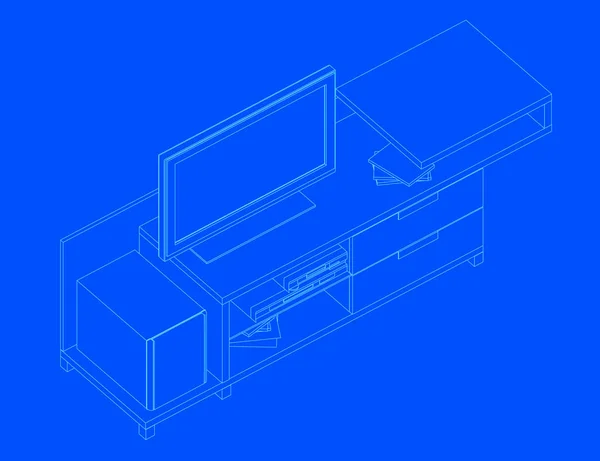 Contour nachtkastje met TV. Isometrie. Vector illustratie. — Stockvector