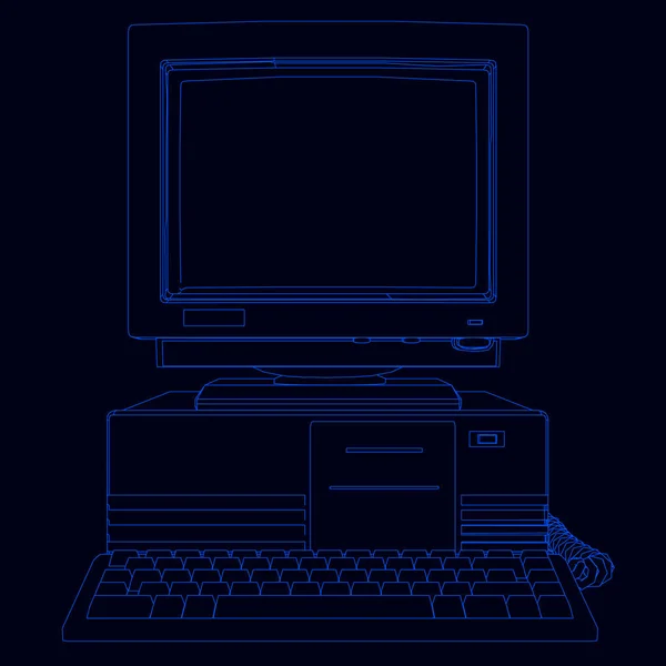 Schema di un computer d'epoca dalle linee blu su sfondo scuro. Vista frontale. Illustrazione vettoriale — Vettoriale Stock