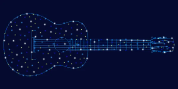 De contour van een akoestische gitaar van blauwe lijnen op een donkere achtergrond met lichtgevende lichten. Cool voor t-shirt afdrukken of tatoeage. Klassieke akoestische gitaar. Vectorillustratie — Stockvector