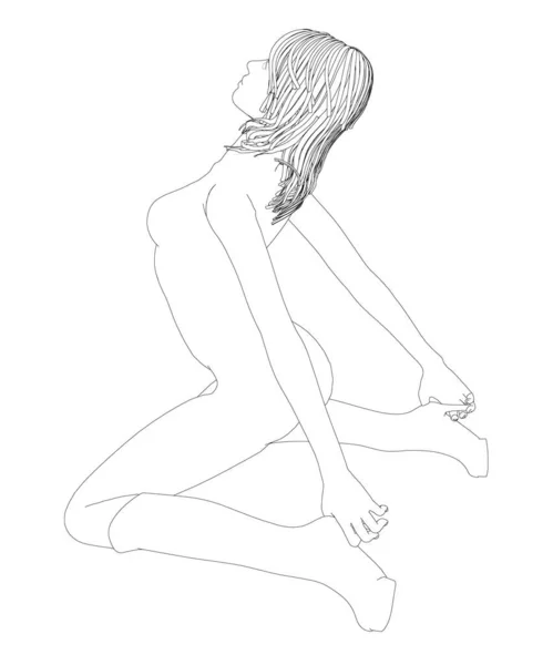 Die Kontur eines Mädchens in einer sexy Pose. Ein Mädchen mit langen Haaren sitzt auf den Knien und hält sich an den Haarnadeln ihrer Stiefel fest. Das nackte Mädchen sitzt. Vektorillustration — Stockvektor