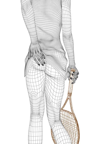 スカートの女の子と手にテニスラケットのワイヤーフレーム。テニス選手は裸のブーティーで立っている。3Dだ。ベクターイラスト — ストックベクタ