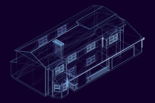 Alambre de la casa hecho de líneas azules sobre un fondo oscuro. Vista isométrica. El plan de una casa de un piso. Ilustración vectorial — Archivo Imágenes Vectoriales