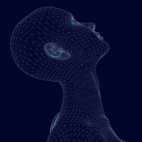 Drátěný rám dívky se zdviženou hlavou. Drátěný rám dívčí hlavy z modrých čar na tmavém pozadí. Boční pohled. 3D. Vektorová ilustrace — Stockový vektor