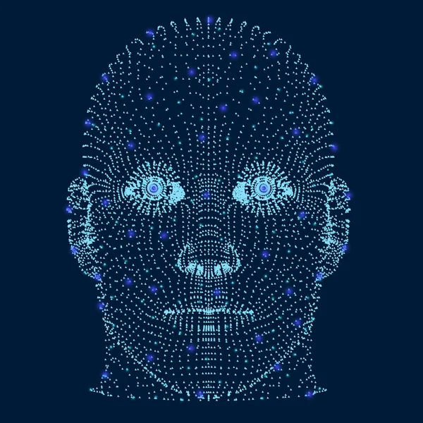 La testa di un uomo è composta da molte particelle e luci incandescenti. Vista frontale. Proiezione della testa umana. Illustrazione vettoriale — Vettoriale Stock