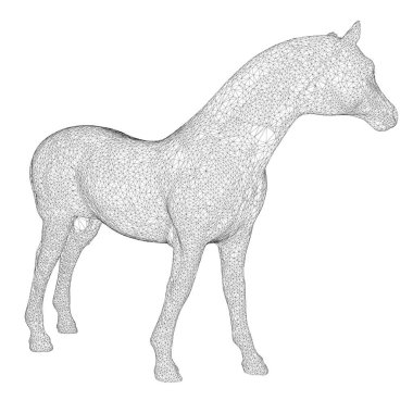 Beyaz arka planda siyah çizgilerden yapılmış bir at çerçevesi. Çizgilerdeki detaylı at. Üç boyutlu. Vektör illüstrasyonu