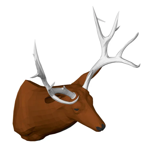 Kepala rusa coklat poligonal dengan tanduk besar. Pemandangan yang aneh. 3D. Ilustrasi vektor - Stok Vektor
