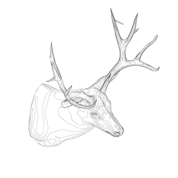Bingkai kepala rusa dengan tanduk besar dari garis hitam pada latar belakang putih. Pemandangan yang aneh. 3D. Ilustrasi vektor - Stok Vektor