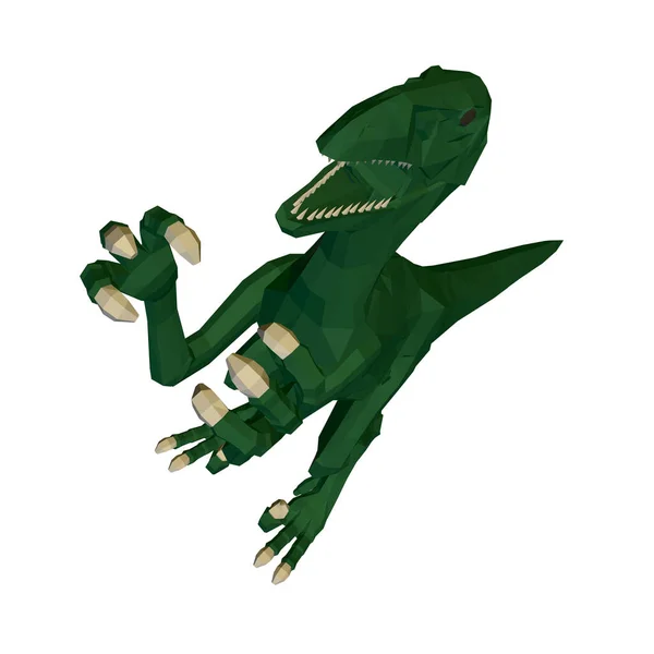 Nízko poly green dinosaurus. Rozzlobený dinosaurus se zvednutými tlapami a ostrými drápy. Perspektiva. 3D. Vektorová ilustrace — Stockový vektor