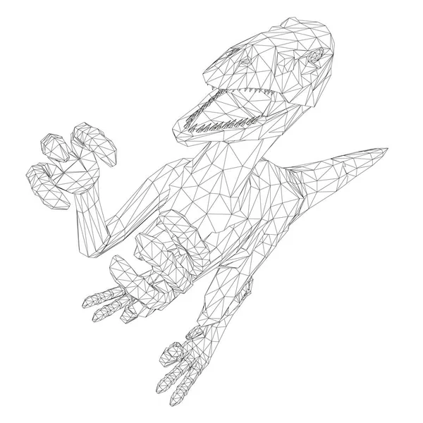 Прослушка динозавра сделана из черных линий на белом фоне. Злой динозавр с поднятыми лапами и острыми когтями. Перспективный взгляд. 3D. Векторная иллюстрация — стоковый вектор