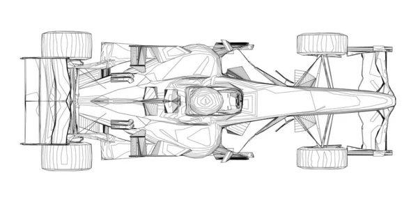 Drahtgestell Rennwagen aus schwarzen Linien auf weißem Hintergrund. Blick von oben. 3D. Vektorillustration — Stockvektor