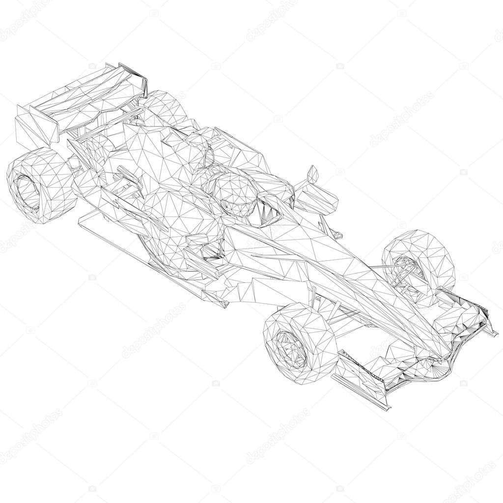 Wireframe racing car from black lines on a white background. Isometric view. 3D. Vector illustration