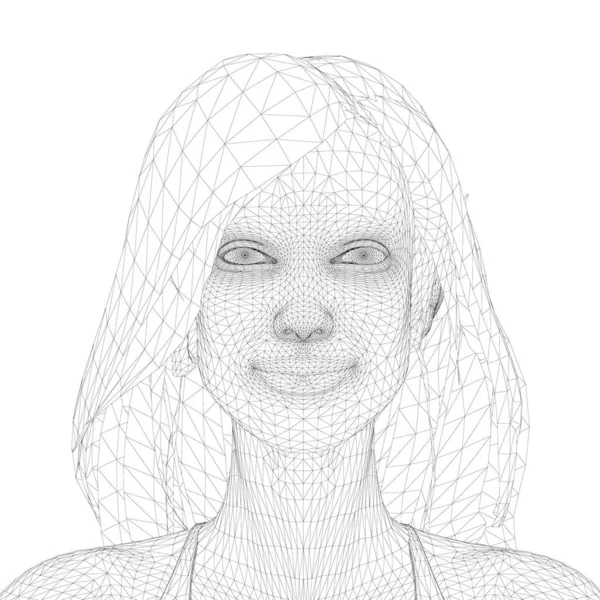 Wireframe девушки с длинными волосами. Вид спереди. 3D. Векторная иллюстрация — стоковый вектор